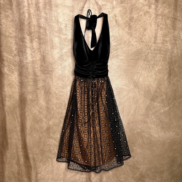 Vintage 90s Jessica Howard Fit & Flare Midi Halter Dress Velour Floral Mesh Lace - Picture 1 of 7